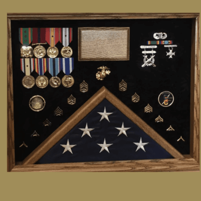 A display case with medals and a flag.