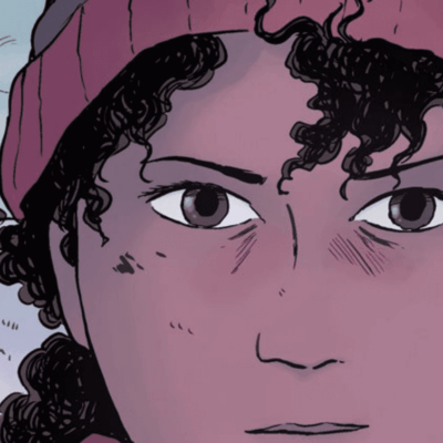 A cartoon of a woman with curly hair and a beanie.