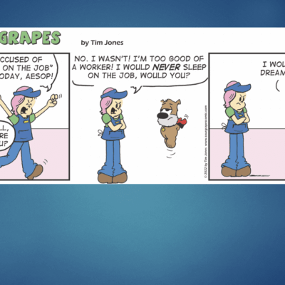 A cartoon of a woman talking to a dog.