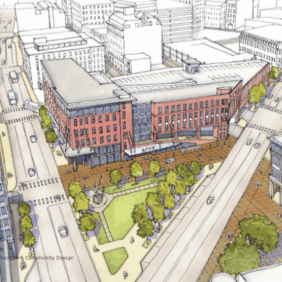 An artist's rendering of a city intersection.