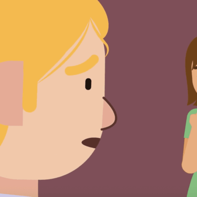 A cartoon of a girl talking to another girl.