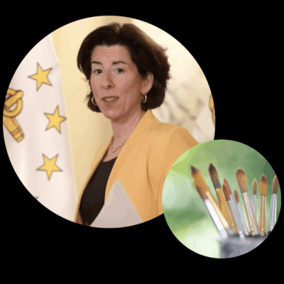 An image of a woman with paint brushes in front of a flag.