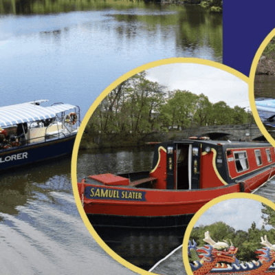 A group of people on a boat on a river.