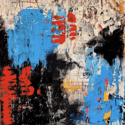 An abstract painting with blue, red and yellow paint.