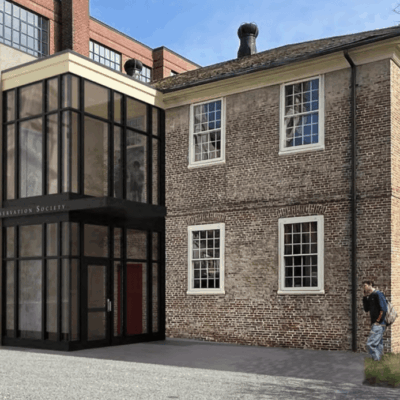 An artist's rendering of a brick building.