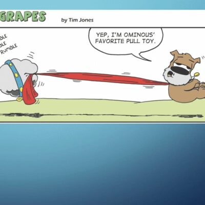 A cartoon of a dog pulling a rope.