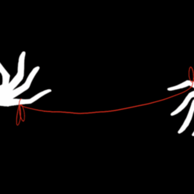 The Red Thread depicts two hands tightly holding a vibrant red string against a striking black background.