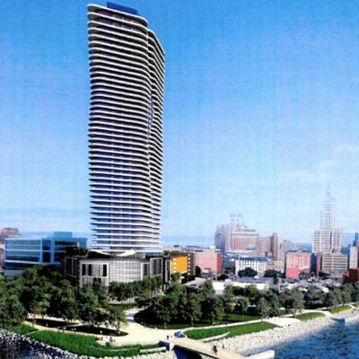 An artist's rendering of a tall building near the water.