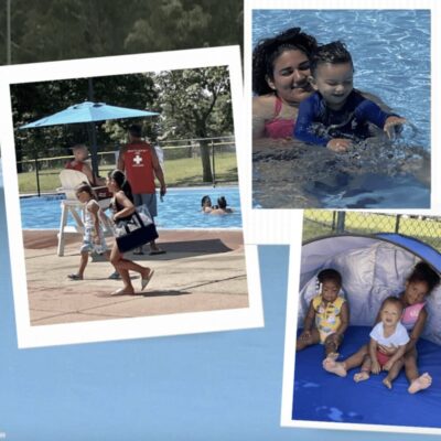 A collage of photos of children playing in a swimming pool.
