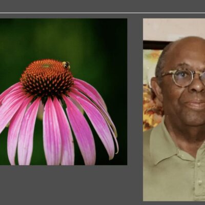 An image of a man with glasses and a flower.