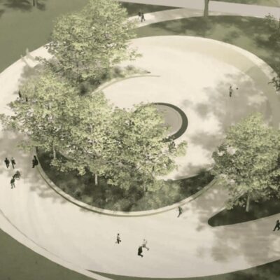 An aerial view of a circular park with people walking around it.