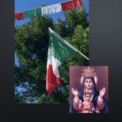 A picture of a flag with the image of the virgin mary and the flag of italy.