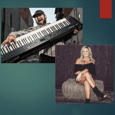 Two pictures of a man and a woman with a keyboard.