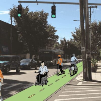 An artist's rendering of a bike lane on a city street.