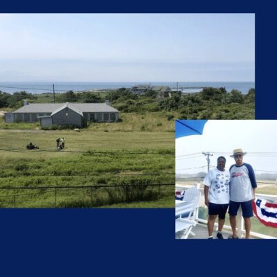 Two pictures of a man and a woman on a boat.