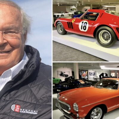 Two pictures of a man standing in front of a sports car.