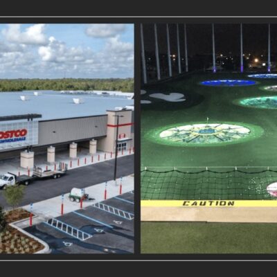 Two pictures of a golf course and a store.