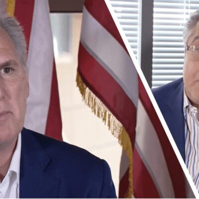 Two pictures of a man in a suit and an american flag.