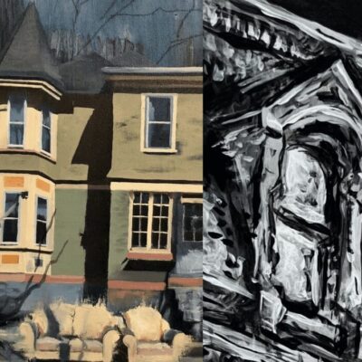 A black and white painting of a house and a black and white painting of a house.