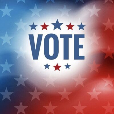 A red, white and blue background with the word vote.