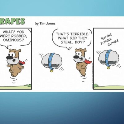 A comic strip with a dog flying through the air.