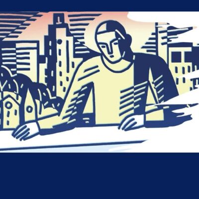 An illustration of a man looking out over a city.