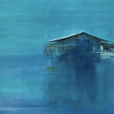 A painting of a house in the water.