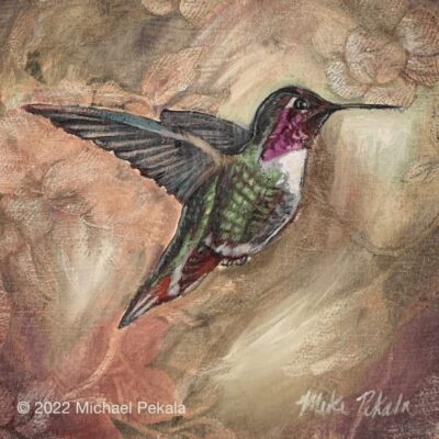 A painting of a hummingbird in flight.