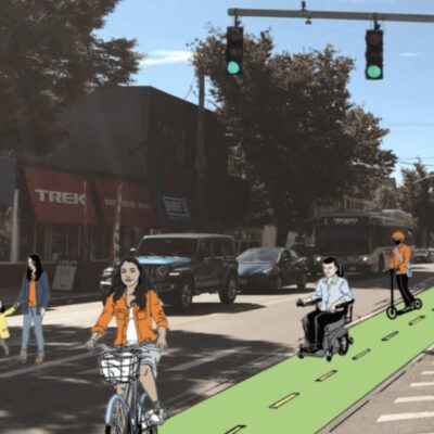 An artist's rendering of a bike lane on a busy street.