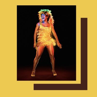 A woman dressed as a lion in a yellow frame.