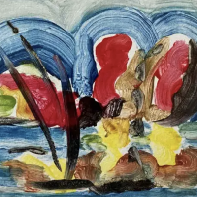 An abstract painting of a boat in the water.