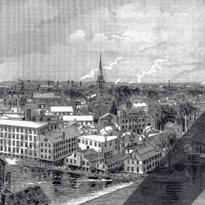 An old black and white drawing of a city.