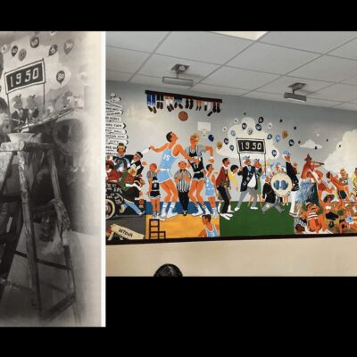 A photo of a mural and a picture of a man with a ladder.