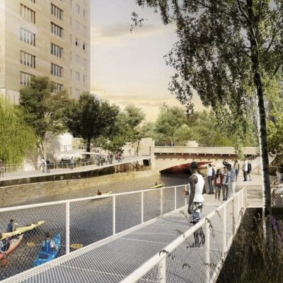 An artist's rendering of a bridge over a waterway.