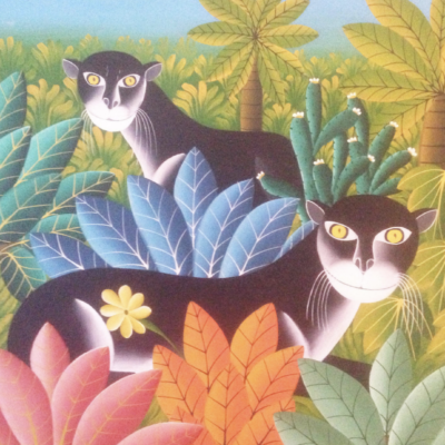 A painting of two panthers in the jungle.