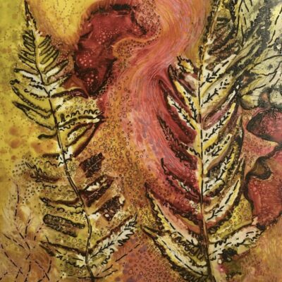 A painting of ferns and leaves on a yellow background.