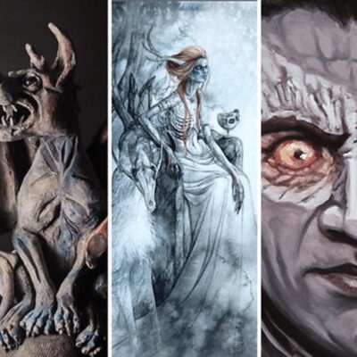 A collage of different paintings of demons and monsters.
