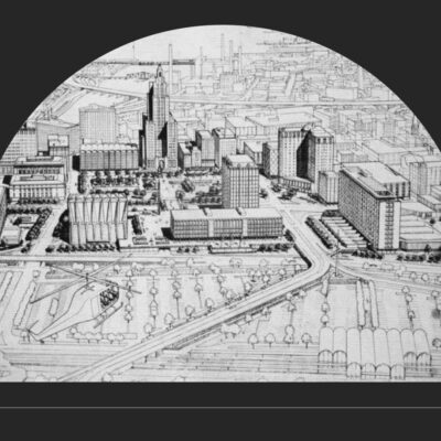 A black and white drawing of a city.