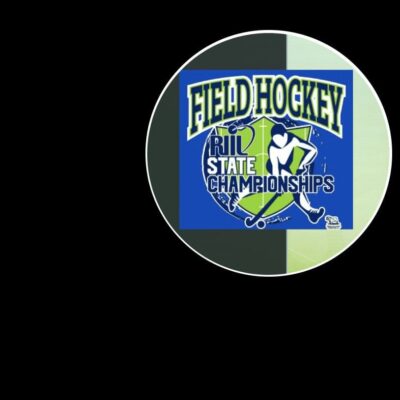 A field hockey logo on a blue and green button.