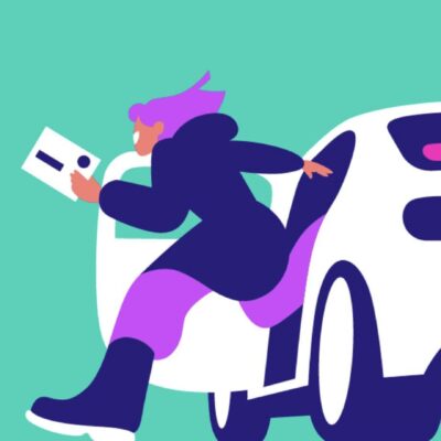 A woman jumping out of a car with a vote sign.