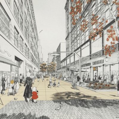 A drawing of a city street with people walking around.