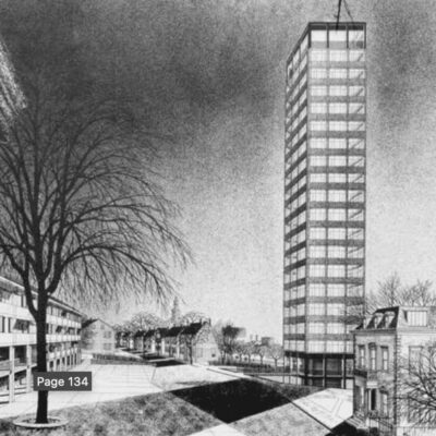 A black and white drawing of a tall building.