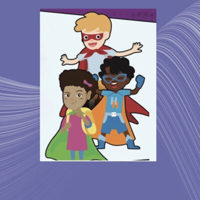 A poster with a group of children dressed as superheroes.