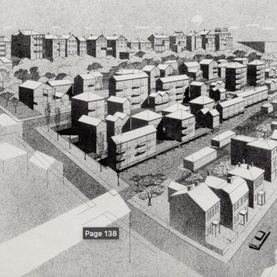 A black and white drawing of a city.