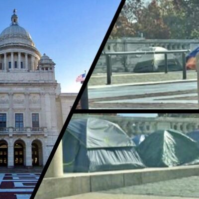 Three pictures of tents in front of a building.