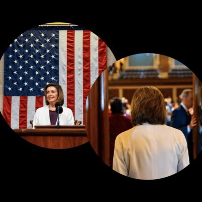 Two pictures of a woman standing in front of an american flag.