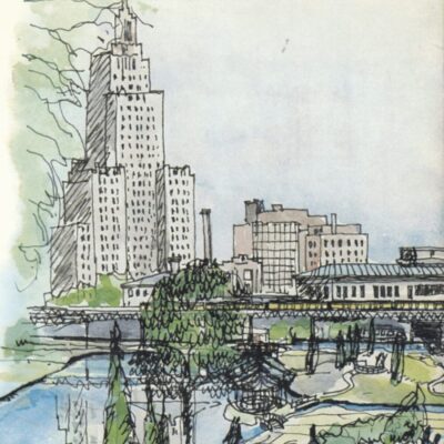 A drawing of a city with buildings in the background.