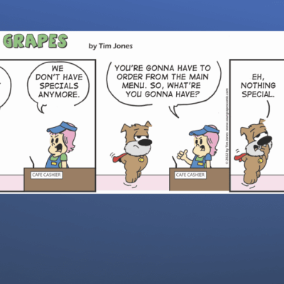 A comic strip with a cartoon of a man and a dog.