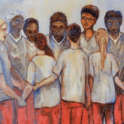 A painting of a group of people holding hands.