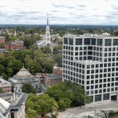 An aerial view of a city.